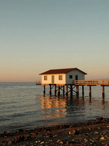 A historic wooden pier and bathhouse extending into the calm Mar Menor lagoon at sunset, soft warm light, long shadows, cinematic film style.