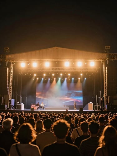 Cinematic outdoor stage at night, warm stage spotlights cutting through the dark, crowd silhouettes in the foreground, moody atmosphere.