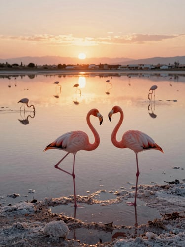 Cinematic shot of pink flamingos in the salt flats of San Pedro del Pinatar, sunset reflections