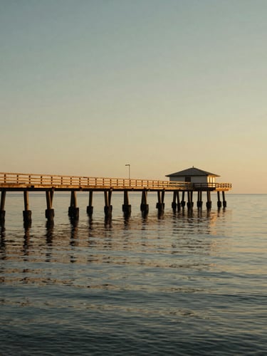 Cinematic wide-angle shot of a historic wooden pier stretching into the calm Mar Menor lagoon during golden hour, soft warm light, reflections on the still water, minimalist composition