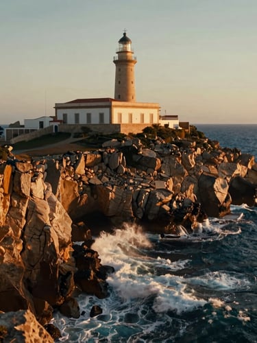 Cinematic wide-angle shot of Cabo de Palos lighthouse at golden hour, dramatic cliffs, deep blue sea crashing below, warm sunlight hitting the stone.