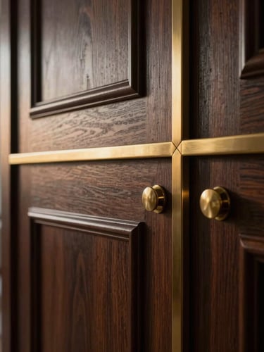 Close-up of premium dark wood paneling and brushed brass details in a luxury apartment, soft directional twilight light