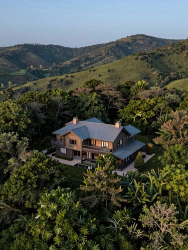 Atmospheric aerial view of a secluded wooden estate surrounded by dense green canopy and rolling hills under a soft blue hour sky.