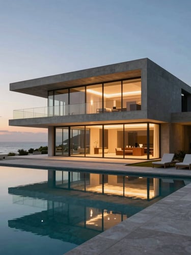 Twilight view of a modernist concrete and glass beachfront villa, warm interior lights reflecting on an infinity pool, minimalist landscaping.