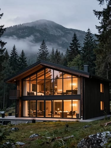 Wide angle twilight shot of a modern glass and dark wood chalet nestled in a dense pine forest, soft warm interior lights glowing, misty mountain air, architectural photography.