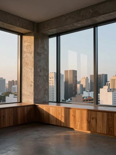 Fotografia em ângulo aberto de um estúdio de luxo minimalista no crepúsculo, grandes janelas de vidro refletindo as luzes da cidade de São Paulo, concreto aparente e painéis de madeira nobre iluminados por luz quente indireta.