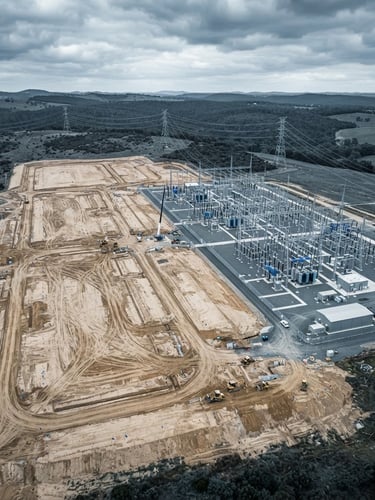 Wide-angle aerial drone photography of a graded land parcel with an adjacent high-voltage substation under high-contrast overcast daylight, cool desaturated tones, technical blue accents