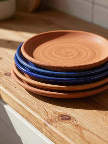 A warm editorial shot of stacked terracotta and cobalt plates on a rustic wooden kitchen counter, bathed in bright morning sunlight, showing rich clay textures.