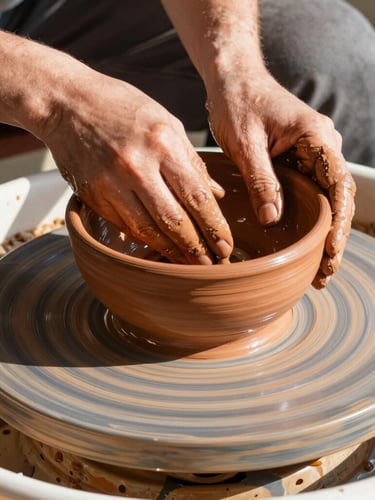 Close-up of hands coated in wet clay shaping a wide terracotta bowl on a spinning wooden pottery wheel, warm direct morning sunlight, 35mm