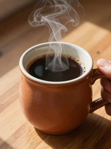 Warm editorial photography of a hand holding a heavy terracotta ceramic mug filled with steaming black coffee, bright morning sunlight casting soft shadows on a wooden table, 35mm.