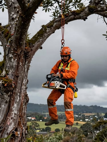 Arborista profesional con arnés de seguridad naranja de alta visibilidad suspendido en un Coihue gigante bajo un cielo tormentoso de Chiloé, sosteniendo una motosierra profesional, plano medio dramático, luz natural difusa.