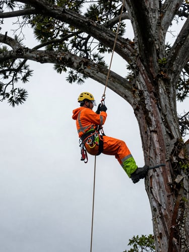 A professional arborist in high-visibility orange and green safety gear, wearing a helmet with visor, suspended by rigging ropes high in a massive native Coihue tree under an overcast, damp Chiloé sky.