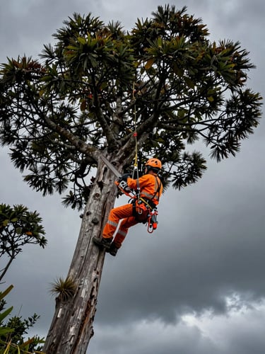 Dramatic vertical portrait of a professional arborist in high-visibility orange harness and helmet, suspended high in a massive native Coihue tree under heavy, dark overcast Chiloé skies, holding a chainsaw securely.
