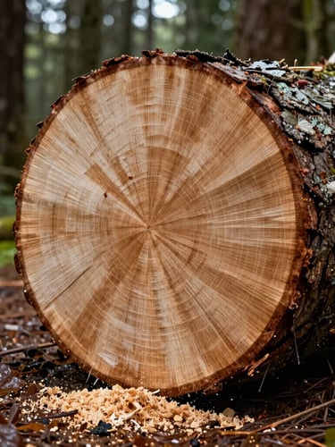 Close-up of a perfectly clean cut on a massive tree trunk, sawdust cleared, pristine forest floor in Chiloé, damp overcast daylight.