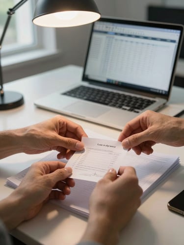 Hands organizing receipts and ledger pages on a light desk surface, warm overhead office light, a laptop open in the background showing a spreadsheet, natural daylight from a side window