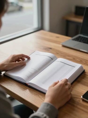 Over-the-shoulder view of hands turning pages of a financial ledger on a wide oak desk, warm north-facing window light catching the paper edges, Kelowna office interior visible in soft focus behind