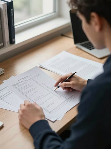 Over-the-shoulder view of two people at adjacent desks reviewing printed financial statements together under warm office light, one hand pointing to a line item, north-facing window softly illuminating the papers, bookshelves visible at the edge of the frame