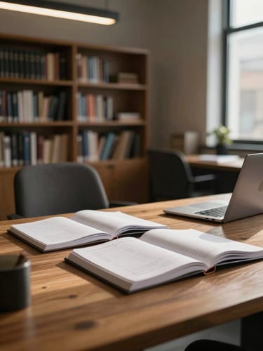 Wide editorial view of a quiet office interior in north-facing daylight — a wooden desk to the right third of the frame, open ledgers and a laptop visible under warm overhead light, an empty chair pulled back slightly, bookshelves soft in the background