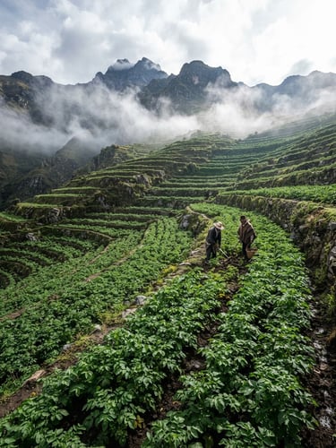 Sharp commercial photography of a terraced potato crop in the Venezuelan Andes under morning mist, bright highland daylight, clean white and deep green tones, high-contrast, 50mm lens