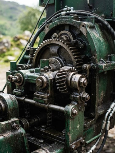 Close-up of a rugged agricultural motor with metallic gears, sharp commercial photography, bright highland daylight, clean white and deep green tones, high-contrast, 50mm lens