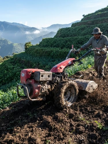 Primer plano técnico de un motocultor robusto labrando terrazas agrícolas empinadas en Mérida, luz fría de amanecer andino, alta nitidez.