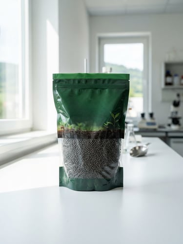 Pack of premium agricultural fertilizer on a clean white laboratory table, bright highland daylight coming from a window, professional studio lighting, high contrast