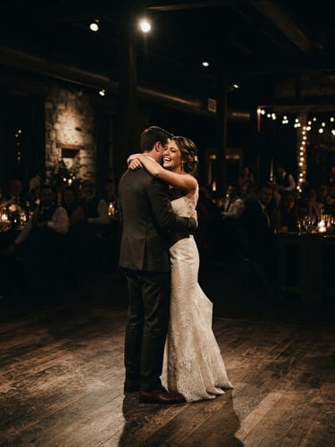 Wide cinematic shot of a couple dancing under dramatic, low-key lighting at a wedding reception, deep shadows, muted bronze tones, high contrast, 35mm anamorphic lens, candid moment.