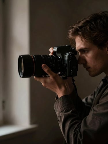 Candid shot of a wedding photographer capturing a moment with a shallow depth of field, directional window light, deep shadows, high contrast, 35mm anamorphic lens, editorial style.