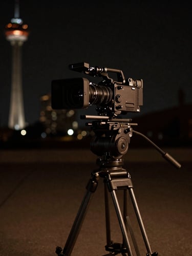 Wide cinematic shot of a professional camera on a tripod on location, low-key dramatic lighting, deep shadows, muted bronze tones, high contrast, 35mm anamorphic lens, Calgary Tower visible subtly in the background