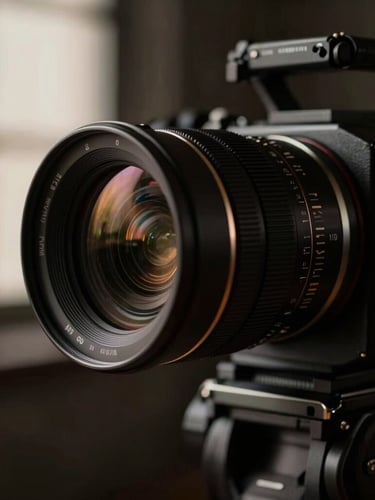 Tight shallow depth-of-field detail of a cinema camera lens on a tripod, dark charcoal background, directional window light, muted bronze tones, high contrast.