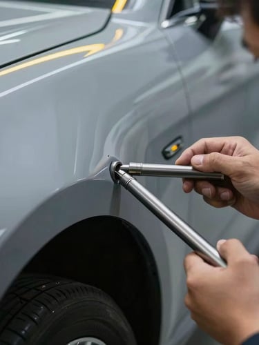 A technician using specialized high-grade steel rods to massage a dent from behind a car panel, sharp yellow LED line reflections on the paint, ultra-detailed close-up