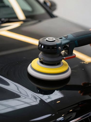Close-up of a dual-action polisher on black car paint, high-contrast yellow LED line-board reflections showing no swirl marks, perfect mirror finish