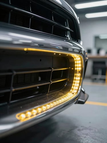 Extreme close-up of a high-end car bumper being repaired, yellow LED line-board reflection highlighting the flawless curve, clinical workshop background
