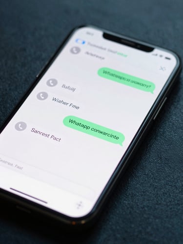 A tight macro shot of a sleek smartphone screen displaying a clean WhatsApp conversational UI, showing a fast, natural dialogue between a customer and an automated assistant. High-contrast studio lighting with subtle cool-toned cyan backlighting on a dark, textured surfac