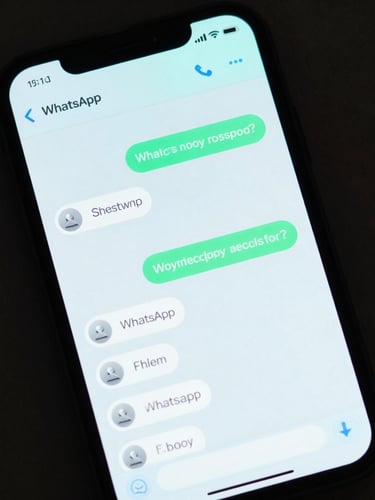 High-contrast close-up of a mobile phone screen displaying a clean WhatsApp conversation flow with structured quick-reply buttons, cool cyan backlighting, dark charcoal background