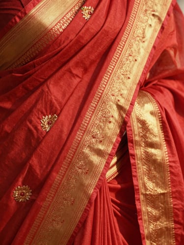 Close-up of rich red and gold silk saree embroidery, warm daylight catching the intricate metallic threads, shallow depth of field, warm editorial style