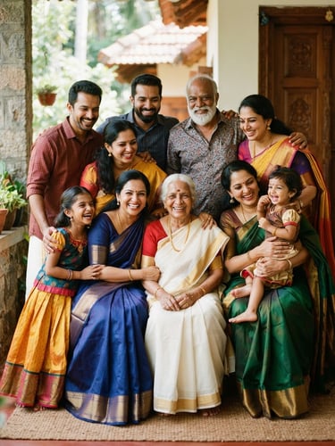 A warm portrait of a multi-generational South Indian family smiling together, bright natural daylight, rich colorful traditional garments, 35mm film style