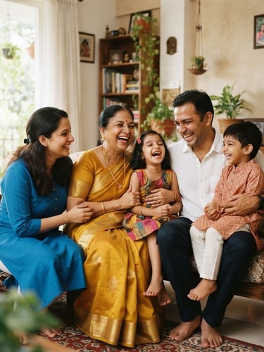 Warm environmental portrait of an Indian family laughing together in a brightly lit room, grandmother in a rich yellow silk saree, father in a crisp linen shirt, children in colorful cotton outfits, soft natural daylight, shallow depth of field, 35mm film style.