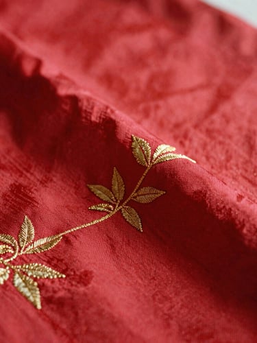 Close-up detail of rich hand-woven textile textures, showcasing intricate gold embroidery on deep red silk fabric, warm soft lighting, shallow depth of field, 35mm film style.