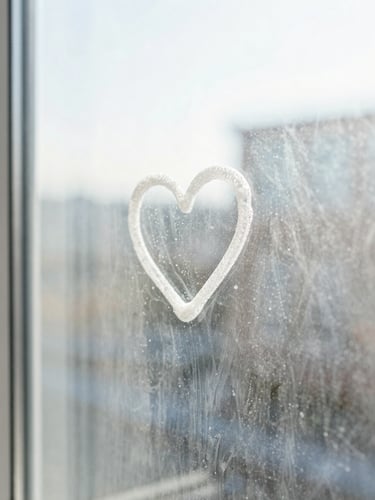 Close-up of a clean glass window with a small, hand-drawn soap heart detail on the steam, bright natural morning light, soft focus, warm and human touch
