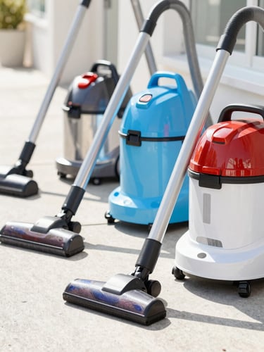 Bright editorial photography of professional commercial vacuum cleaners lined up on a sunny sidewalk, crisp daylight, sharp focus, 35mm lens.