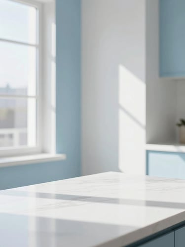 Bright editorial photography, sun-drenched daylight, a high-end residential interior with sparkling clean surfaces, soft blue and crisp white tones, 35mm lens.