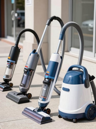 Professional-grade commercial vacuums and cleaning equipment lined up on a sunny urban sidewalk, bright natural daylight, crisp details, authentic local business setup