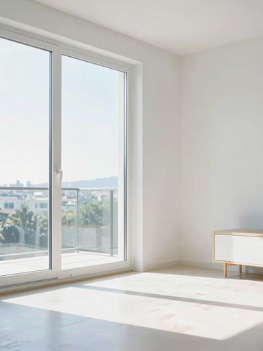 Bright editorial photography of a clean, sun-drenched modern living room with sparkling glass windows and polished floors, natural daylight, 35mm lens
