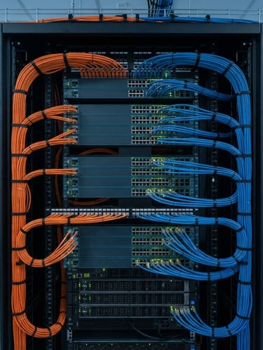 Straight-on architectural shot of a perfectly dressed server rack, symmetrical blue and orange Category 6A cabling running into clean patch panels, cool technical LED status lights, sharp focus, 35mm lens