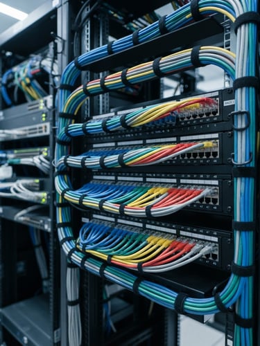 Crisp close-up shot of color-coded patch panels and labeled Cat6A terminations, perfectly dressed cables with clean industrial alignment, cool technical lighting