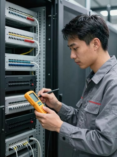 Crisp portrait of a professional telecommunications technician in a clean gray uniform calibrating a fluke tester in a modern server room, cool technical lighting.