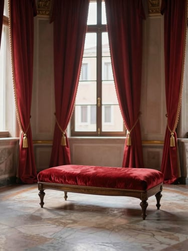 Interno di un elegante salone veneziano con pavimenti in terrazzo, pesanti drappi di damasco rosso alle finestre gotiche, luce dorata del pomeriggio che filtra illuminando una poltrona classica.
