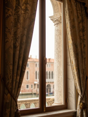 Medium-close shot of golden hour light filtering through a tall Venetian window onto a marble column and heavy damask drapes, warm editorial photography, shallow depth of field