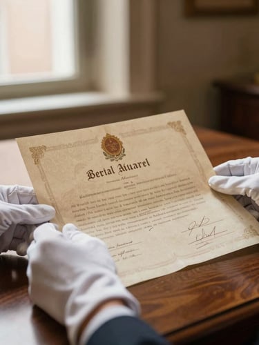 Close-up of hands wearing white cotton gloves holding an antique legal certificate of authenticity with official stamps, warm low-key desk lighting